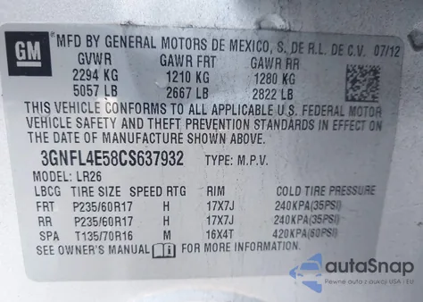 2012 Chevrolet Captiva Sport Ltz from USA, damaged, VIN 3GNFL4E58CS637932